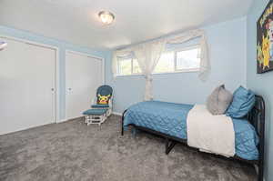 Bedroom with a textured ceiling, carpet flooring, and multiple closets