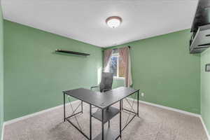 Office area with a textured ceiling and light colored carpet