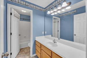 Full bathroom with shower / bathing tub combination, vanity, and toilet