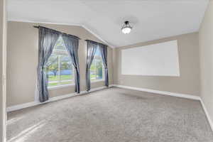 Unfurnished room with carpet floors and vaulted ceiling