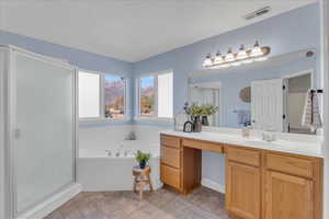 Bathroom with vanity and separate shower and tub