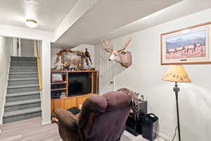 Living room with light wood-type flooring and a textured ceiling