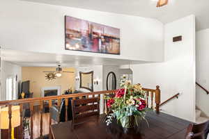 Dining area featuring lofted ceiling, ceiling fan, and wood-type flooring