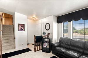 Carpeted living room featuring a textured ceiling