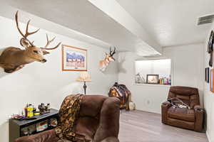 Living room with light wood-type flooring and a textured ceiling