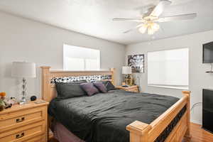 Bedroom with a textured ceiling, light hardwood / wood-style floors, multiple windows, and ceiling fan