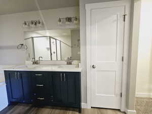 Bathroom with wood-type flooring and vanity