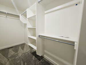 Spacious closet featuring dark colored carpet