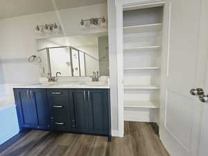 Bathroom with vanity, hardwood / wood-style flooring, and a bathing tub