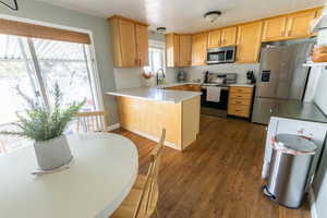 Kitchen with light brown cabinets, sink, kitchen peninsula, stainless steel appliances, and dark hardwood / wood-style flooring