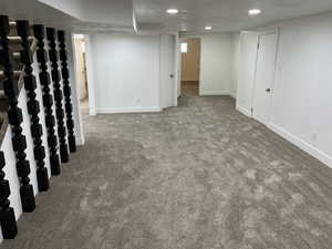 Basement with carpet flooring and a textured ceiling