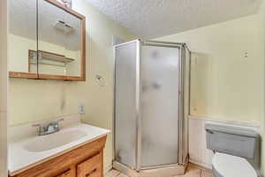 Bathroom featuring vanity, a textured ceiling, a shower with door, toilet, and tile patterned floors