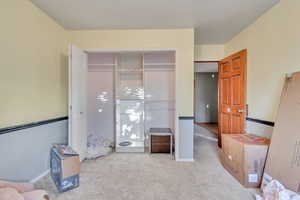 Carpeted bedroom with a closet