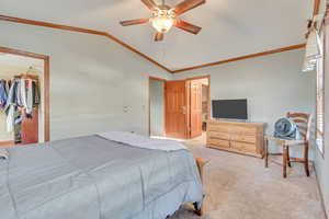 Bedroom with ceiling fan, lofted ceiling, a closet, a spacious closet, and light carpet