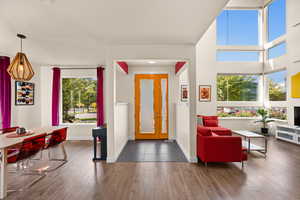 Foyer with a healthy amount of sunlight and dark hardwood / wood-style flooring