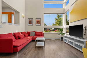 Living room featuring wood-type flooring and a high ceiling