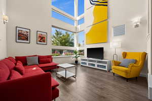 Living room featuring a towering ceiling and dark hardwood / wood-style flooring