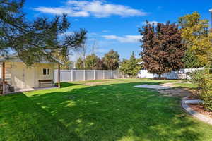 Spacious backyard with good sized storage shed