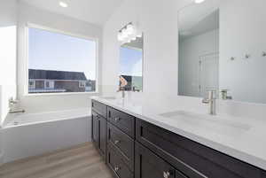 Bathroom with vanity, hardwood / wood-style floors, and a washtub