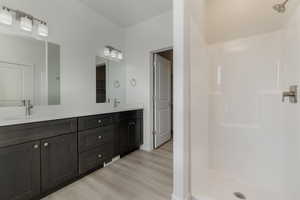 Bathroom featuring vanity, hardwood / wood-style flooring, and walk in shower