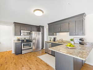 Kitchen featuring light stone counters, sink, kitchen peninsula, stainless steel appliances, and light hardwood / wood-style floors