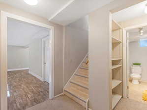 Staircase featuring hardwood / wood-style floors