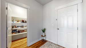 View of pantry right off garage towards kitchen.