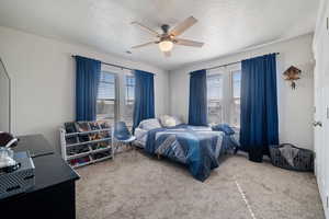 Carpeted bedroom featuring ceiling fan, a textured ceiling, and multiple windows