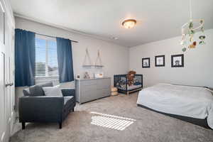 Carpeted bedroom with a textured ceiling