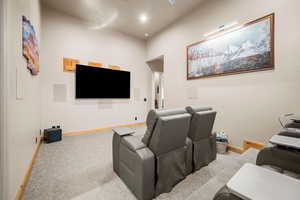 Bedroom/Home theater featuring light carpet