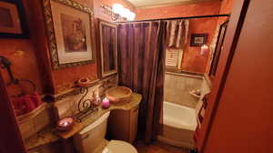 Full bathroom featuring shower / bath combination with curtain, vanity, and toilet