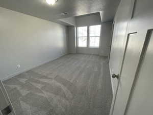 Master bedroom with vaulted ceiling and brand-new carpeting.