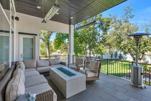 Deck seating with heating and firepit