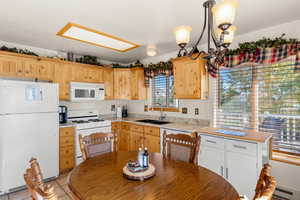 Kitchen featuring decorative light fixtures, sink, white appliances, and a healthy amount of sunlight