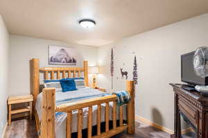 Bedroom with dark wood-type flooring and a textured ceiling