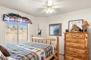 Carpeted bedroom with ceiling fan