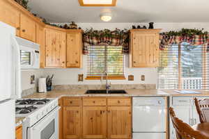 Kitchen featuring plenty of natural light, white appliances, and sink