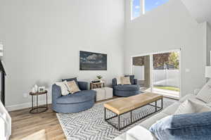 Living room featuring wood-type flooring and a high ceiling