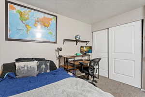 Carpeted bedroom with a closet and a textured ceiling