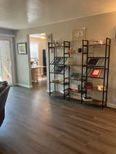 Interior space with dark hardwood / wood-style flooring, a textured ceiling, and a healthy amount of sunlight