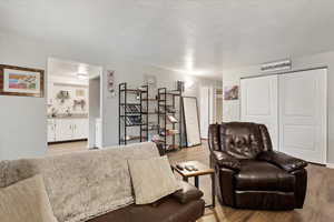 Living room featuring a textured ceiling, sink, and hardwood / wood-style floors