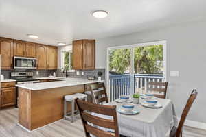 Kitchen featuring kitchen peninsula, sink, stainless steel appliances, and tasteful backsplash