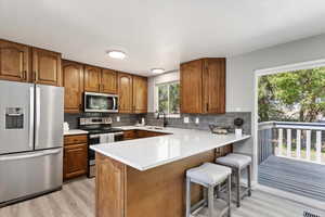 Kitchen with a kitchen bar, stainless steel appliances, light wood-type flooring, and kitchen peninsula