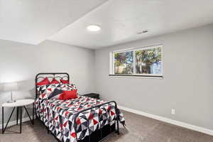 Carpeted bedroom featuring a textured ceiling