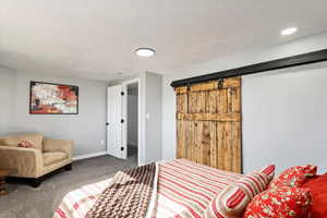 Bedroom featuring carpet and a textured ceiling