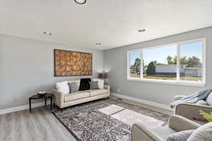 Living room featuring light wood-type flooring and a textured ceiling