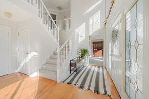 Foyer with wood-type flooring, crown molding, a high ceiling, and ceiling fan