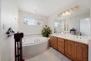 Master Bathroom with plenty of natural light, vanity, and tiled bath