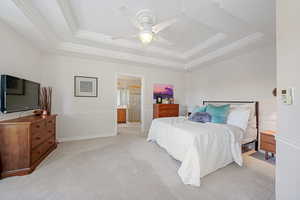 Master Bedroom featuring ceiling fan, a tray ceiling, light carpet, and ornamental molding