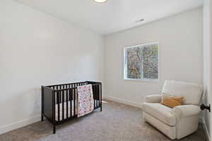 Bedroom with a nursery area and carpet